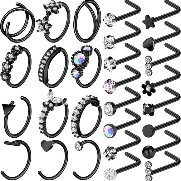 29Pcs Black Stainless Steel Nose Rings Hoops Studs Body Jewelry Gift - Picture 1 of 7